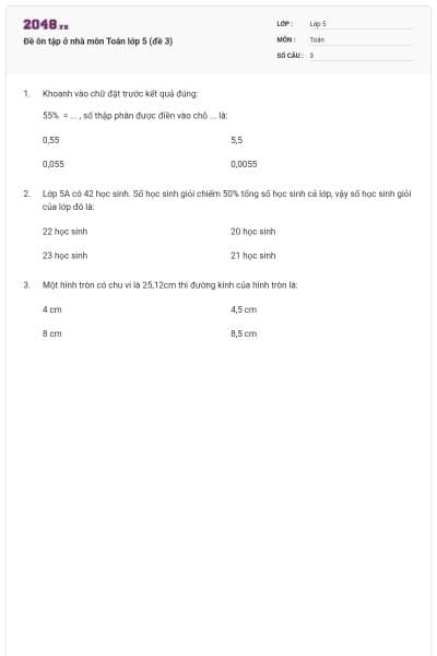 Đề ôn tập ở nhà môn Toán lớp 5 (đề 3)