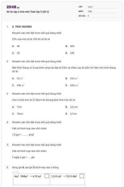 Đề ôn tập ở nhà môn Toán lớp 5 (đề 2)