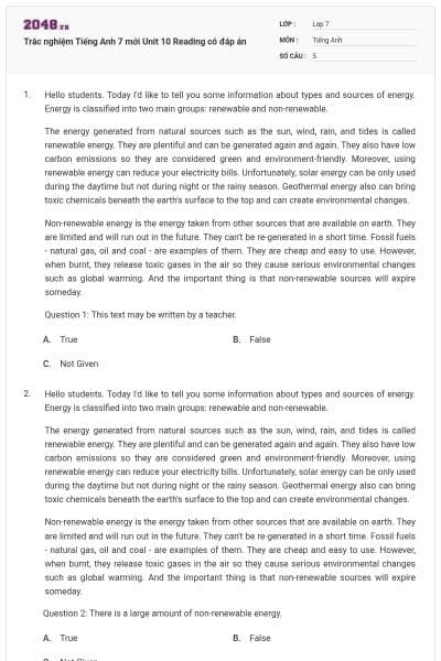 Trắc nghiệm Tiếng Anh 7 mới Unit 10 Reading có đáp án