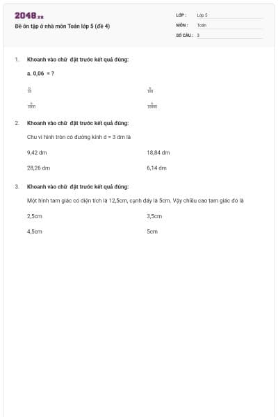 Đề ôn tập ở nhà môn Toán lớp 5 (đề 4)