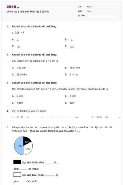 Đề ôn tập ở nhà môn Toán lớp 5 (đề 4)