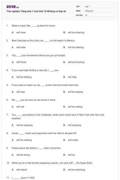 Trắc nghiệm Tiếng Anh 7 mới Unit 10 Writing có đáp án
