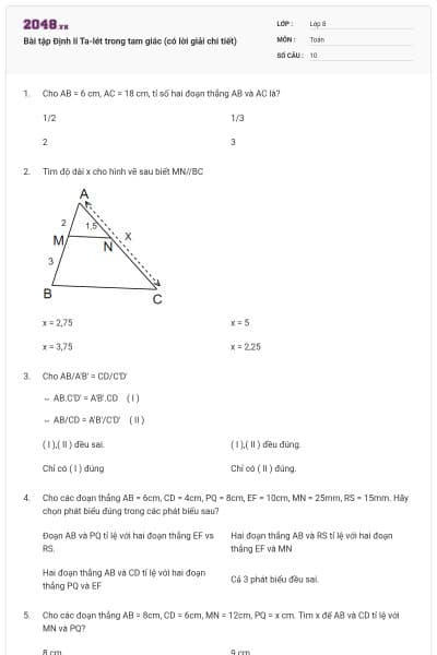 Bài tập Định lí Ta-lét trong tam giác (có lời giải chi tiết)