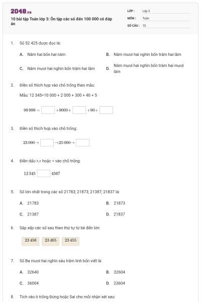 10 bài tập Toán lớp 3: Ôn tập các số đến 100 000 có đáp án