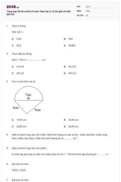 Tổng hợp đề thi cuối kì II môn Toán lớp 5, có lời giải chi tiết (Đề 42)