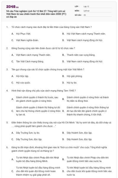 94 câu Trắc nghiệm Lịch Sử 12 Bài 27: Tổng kết Lịch sử Việt Nam từ sau chiến tranh thứ nhất đến năm 2000 (P1) có đáp án