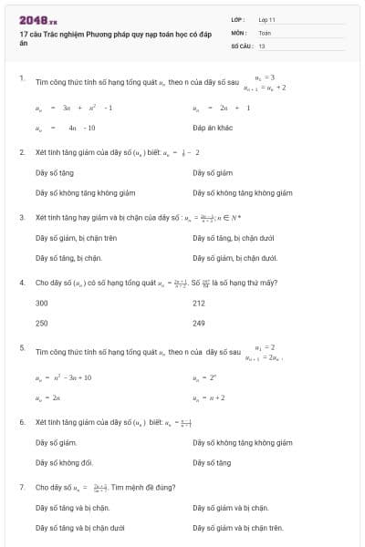 17 câu Trắc nghiệm Phương pháp quy nạp toán học có đáp án