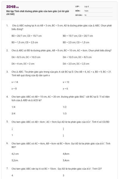 Bài tập Tính chất đường phân giác của tam giác (có lời giải chi tiết)