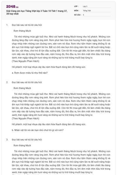 Giải Cùng em học Tiếng Việt lớp 3 Tuần 10 Tiết 1 trang 37, 38 hay nhất