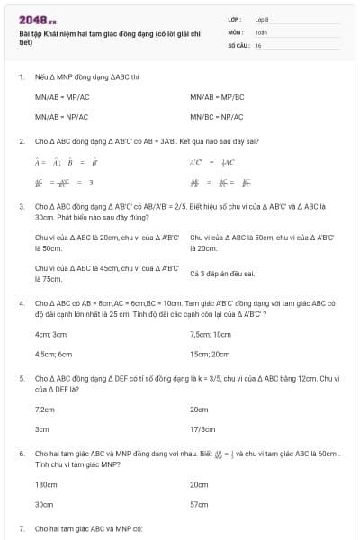 Bài tập Khái niệm hai tam giác đồng dạng (có lời giải chi tiết)