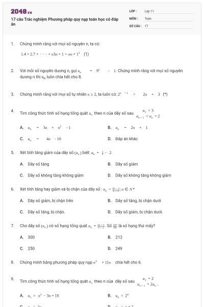 17 câu Trắc nghiệm Phương pháp quy nạp toán học có đáp án