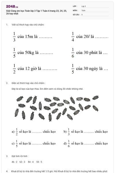 Giải Cùng em học Toán lớp 3 Tập 1 Tuần 6 trang 23, 24, 25, 26 hay nhất