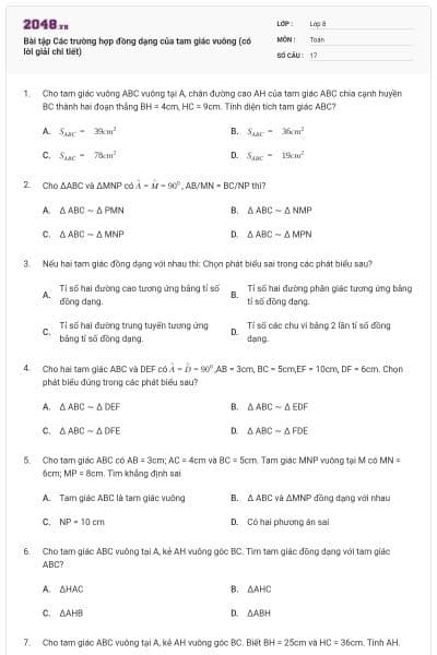 Bài tập Các trường hợp đồng dạng của tam giác vuông (có lời giải chi tiết)