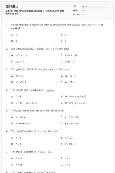 23 câu Trắc nghiệm ôn tập chương 1-Hàm số lượng giác (có đáp án)