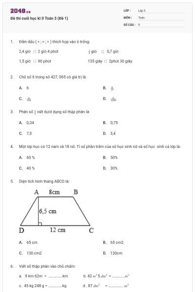 Đề thi cuối học kì II Toán 3 (Đề 1)