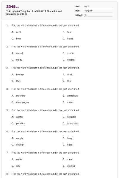 Trắc nghiệm Tiếng Anh 7 mới Unit 11 Phonetics and Speaking có đáp án