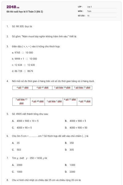 Đề thi cuối học kì II Toán 3 (Đề 2)