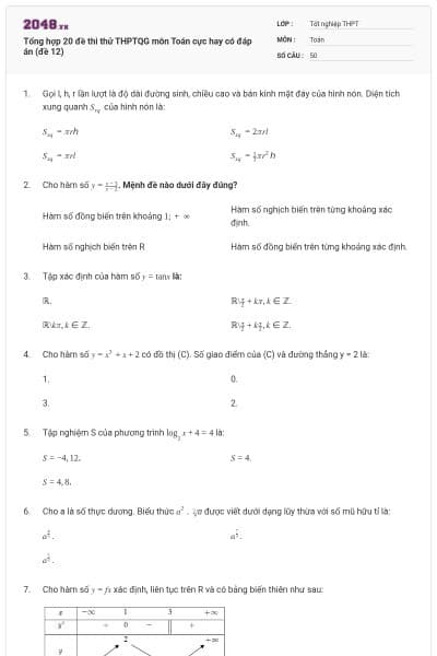 Tổng hợp 20 đề thi thử THPTQG môn Toán cực hay có đáp án (đề 12)