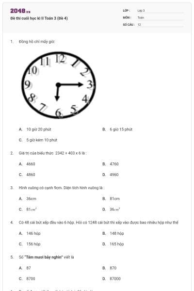 Đề thi cuối học kì II Toán 3 (Đề 4)