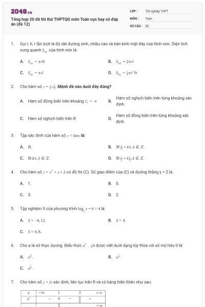 Tổng hợp 20 đề thi thử THPTQG môn Toán cực hay có đáp án (đề 12)