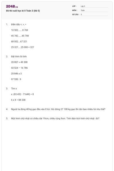 Đề thi cuối học kì II Toán 3 (Đề 5)