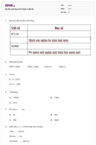 Đề thi cuối học kì II Toán 3 (Đề 6)