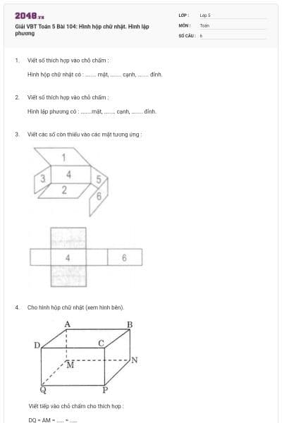 Giải VBT Toán 5 Bài 104: Hình hộp chữ nhật. Hình lập phương