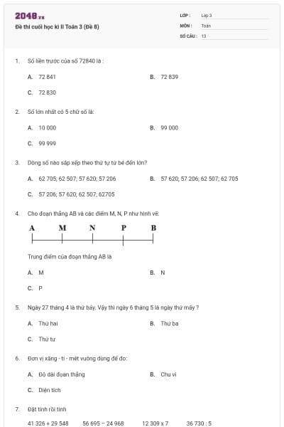 Đề thi cuối học kì II Toán 3 (Đề 8)