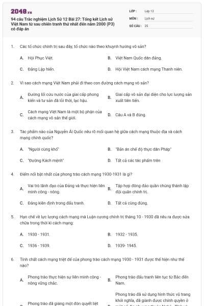 94 câu  Trắc nghiệm Lịch Sử 12 Bài 27: Tổng kết Lịch sử Việt Nam từ sau chiến tranh thứ nhất đến năm 2000 (P3) có đáp án