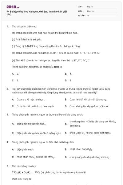 94 Bài tập tổng hợp Halogen, Oxi, Lưu huỳnh có lời giải (P4)