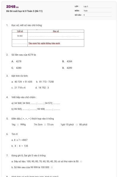 Đề thi cuối học kì II Toán 3 (Đề 11)