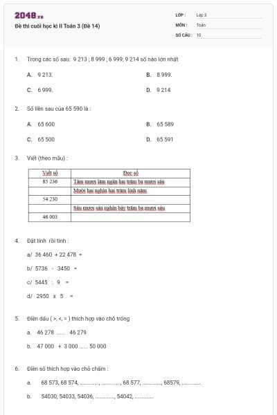 Đề thi cuối học kì II Toán 3 (Đề 14)