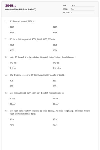 Đề thi cuối học kì II Toán 3 (Đề 17)