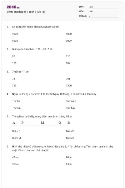 Đề thi cuối học kì II Toán 3 (Đề 18)