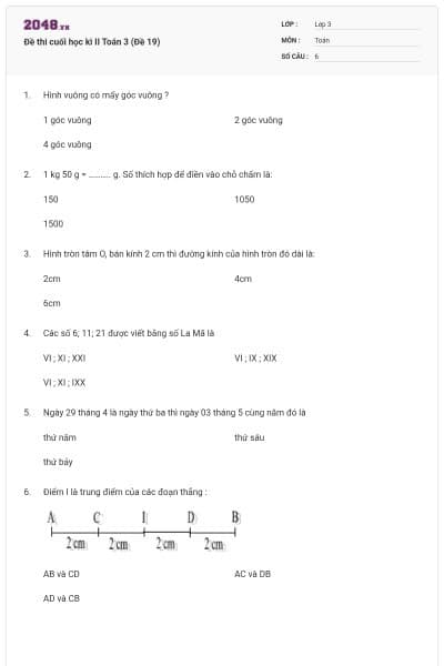 Đề thi cuối học kì II Toán 3 (Đề 19)