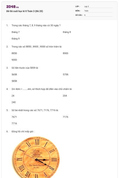 Đề thi cuối học kì II Toán 3 (Đề 20)