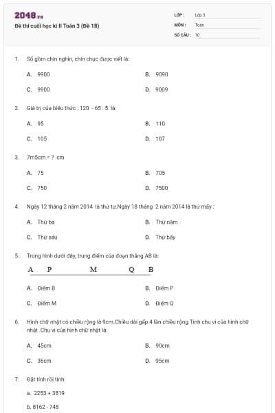 Đề thi cuối học kì II Toán 3 (Đề 18)