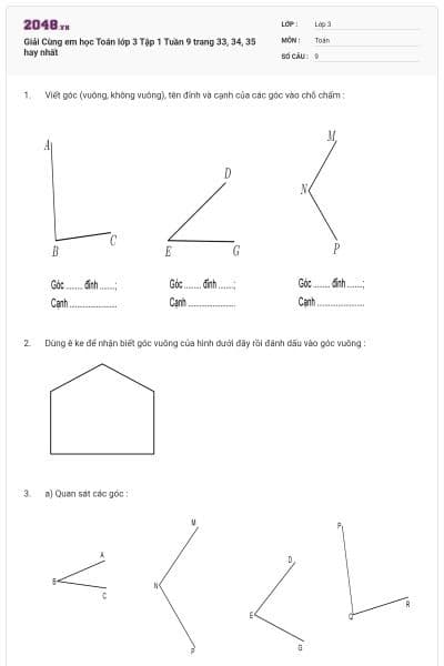 Giải Cùng em học Toán lớp 3 Tập 1 Tuần 9 trang 33, 34, 35 hay nhất