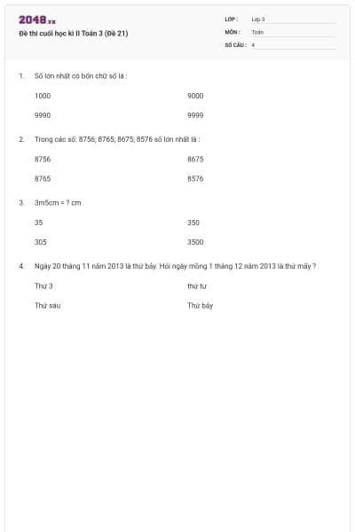 Đề thi cuối học kì II Toán 3 (Đề 21)
