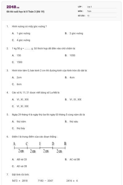Đề thi cuối học kì II Toán 3 (Đề 19)