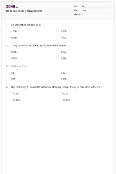 Đề thi cuối học kì II Toán 3 (Đề 22)