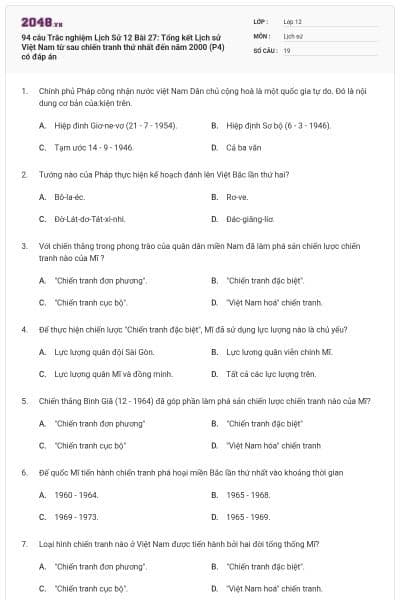 94 câu  Trắc nghiệm Lịch Sử 12 Bài 27: Tổng kết Lịch sử Việt Nam từ sau chiến tranh thứ nhất đến năm 2000 (P4) có đáp án