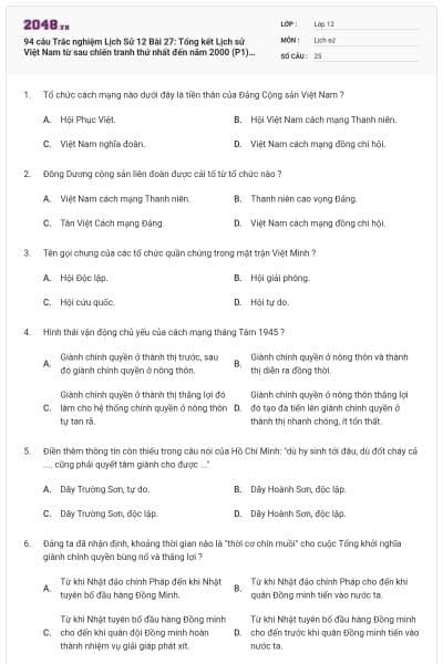 94 câu Trắc nghiệm Lịch Sử 12 Bài 27: Tổng kết Lịch sử Việt Nam từ sau chiến tranh thứ nhất đến năm 2000 (P1) có đáp án