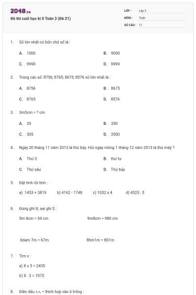 Đề thi cuối học kì II Toán 3 (Đề 21)