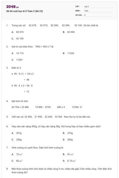Đề thi cuối học kì II Toán 3 (Đề 23)
