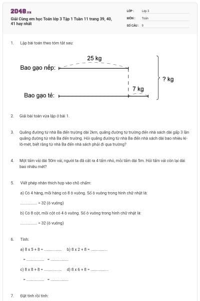 Giải Cùng em học Toán lớp 3 Tập 1 Tuần 11 trang 39, 40, 41 hay nhất