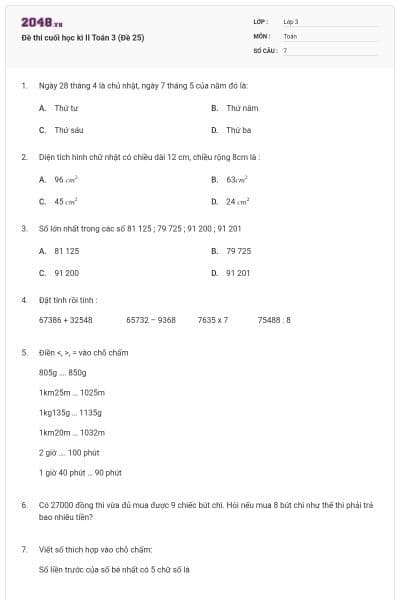 Đề thi cuối học kì II Toán 3 (Đề 25)