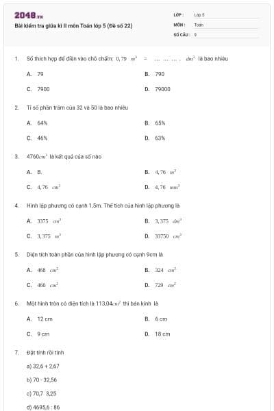 Bài kiểm tra giữa kì II môn Toán lớp 5 (Đề số 22)