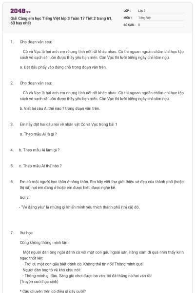 Giải Cùng em học Tiếng Việt lớp 3 Tuần 17 Tiết 2 trang 61, 63 hay nhất