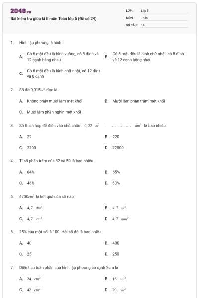 Bài kiểm tra giữa kì II môn Toán lớp 5 (Đề số 24)
